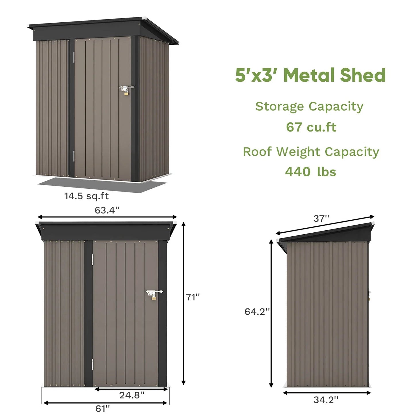 Outdoor Steel Storage Shed 5x3 ft Waterproof