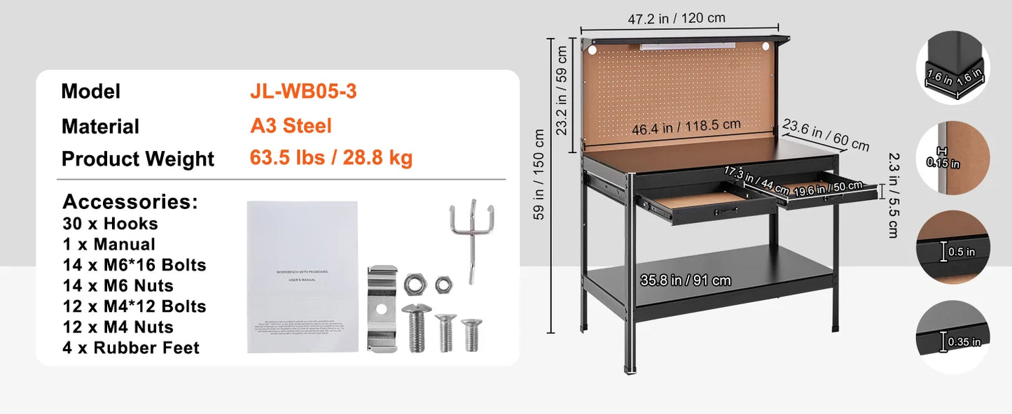 Heavy Duty Workbench with Pegboard and Power Panel