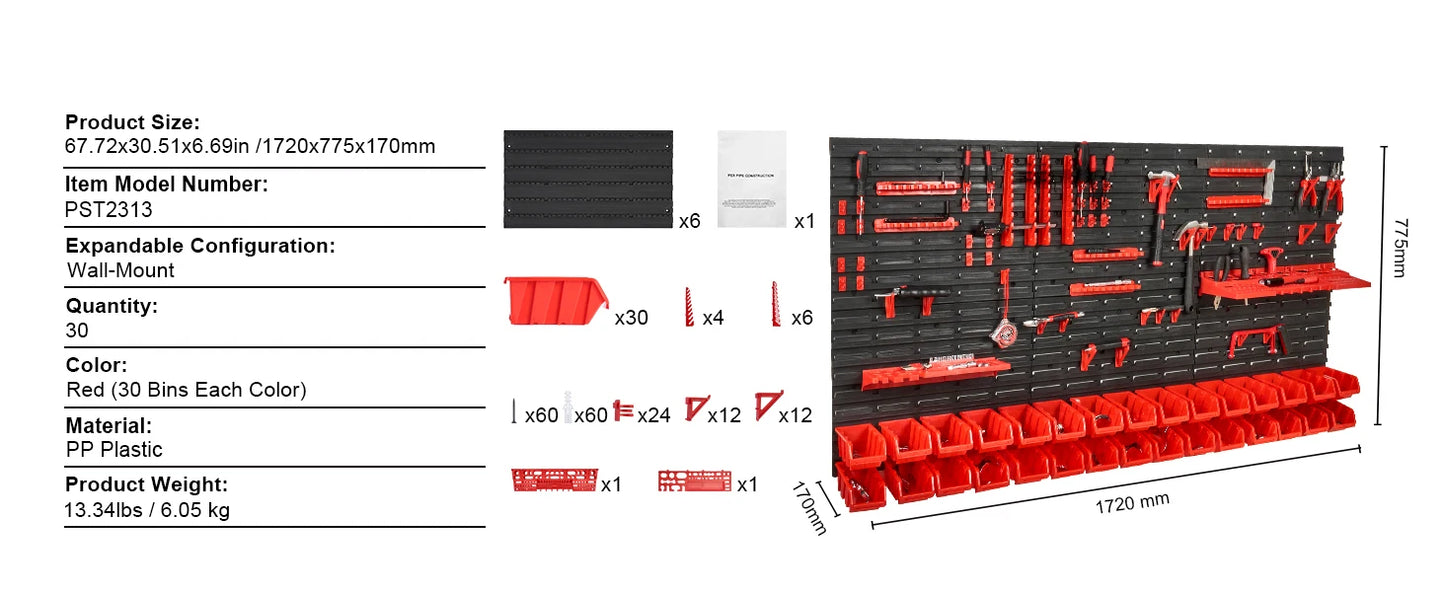 Wall Mounted Tool Storage Organizer Rack-30/48Bin