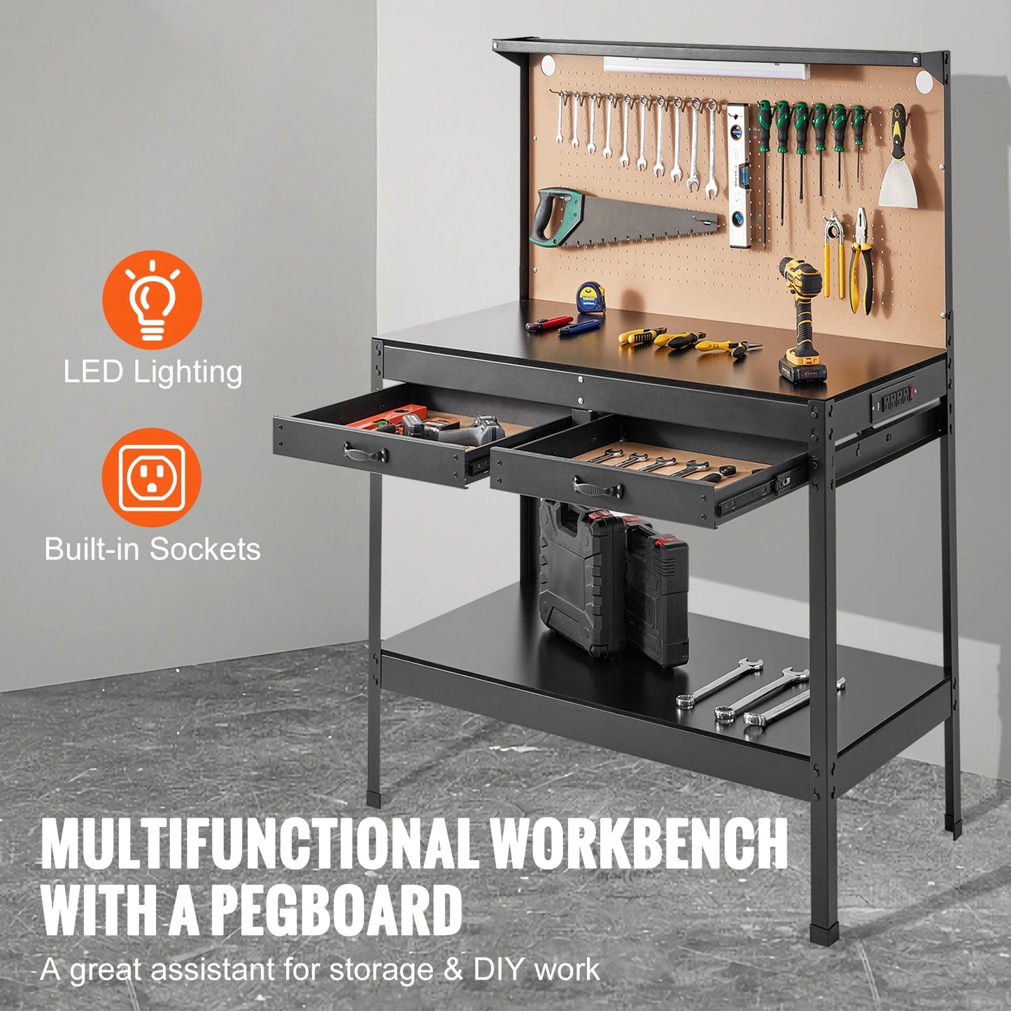 Heavy Duty Workbench with Pegboard and Power Panel