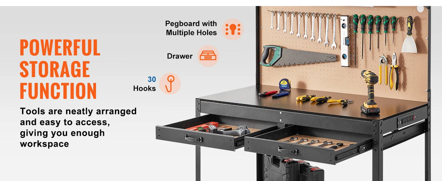 Heavy Duty Workbench with Pegboard and Power Panel