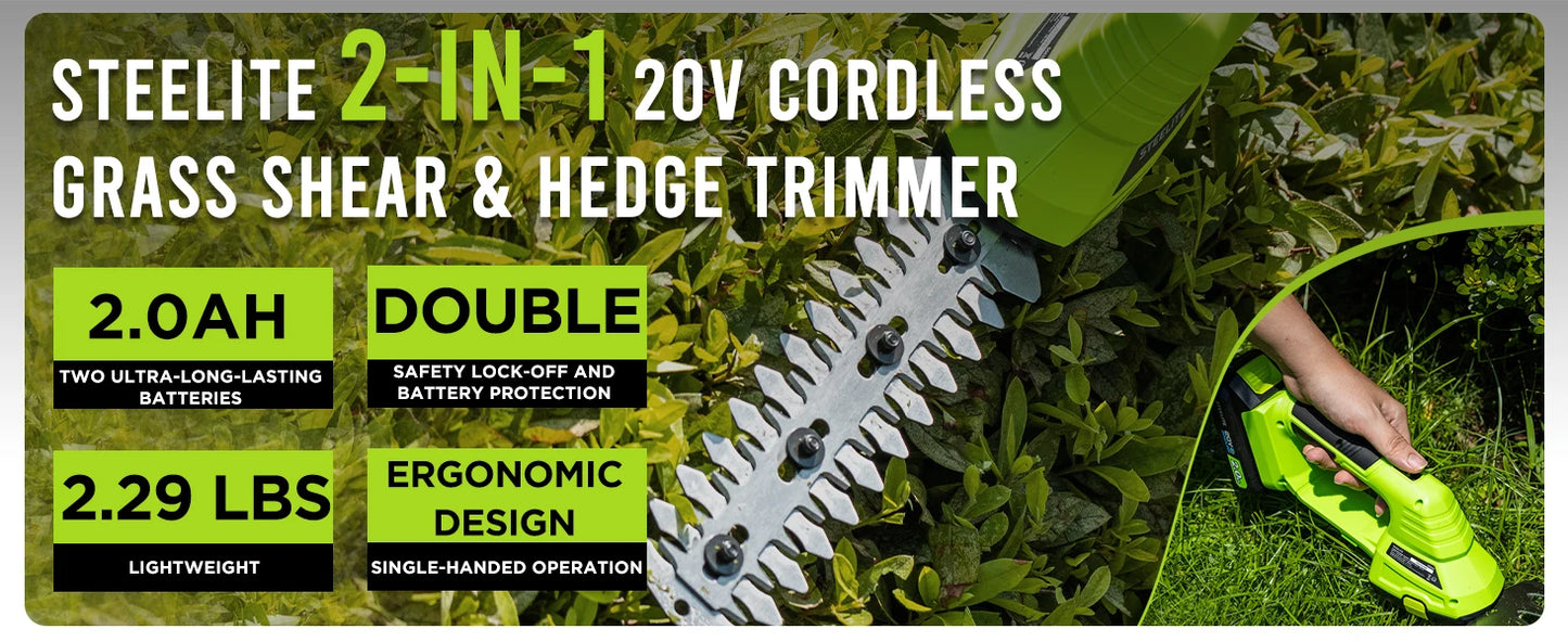 Cordless 2-in-1 Grass Shear and Hedge Trimmer with 2 Batteries