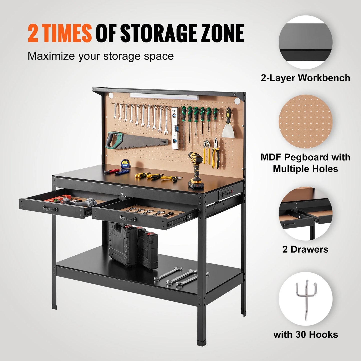 Heavy Duty Workbench with Pegboard and Power Panel