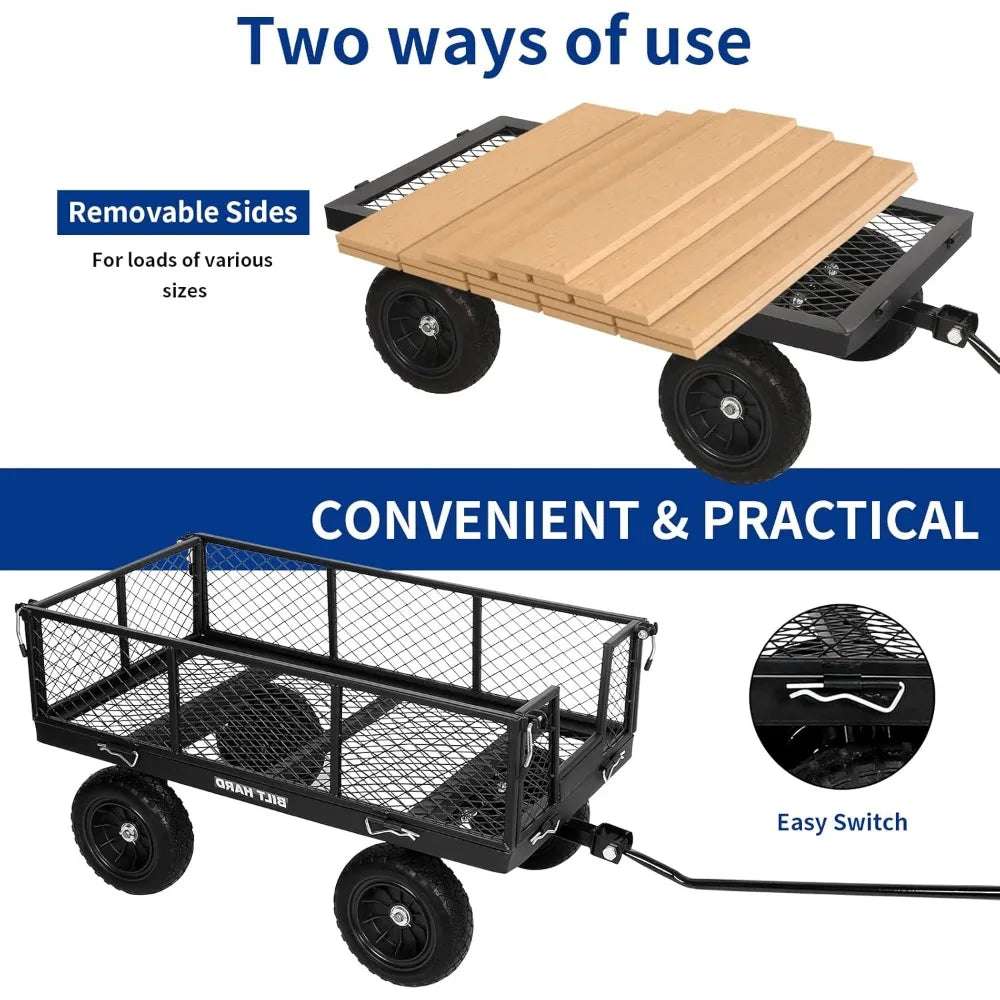 4 Cu.Ft Garden Cart Wagon - 880 lbs, 10" Flat-Free Tires, Removable Sides
