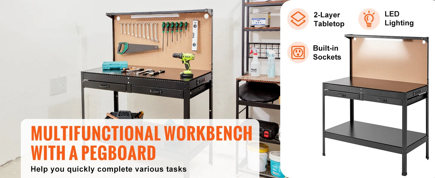 Heavy Duty Workbench with Pegboard and Power Panel