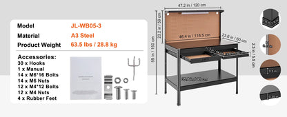 Heavy Duty Workbench with Pegboard and Power Panel