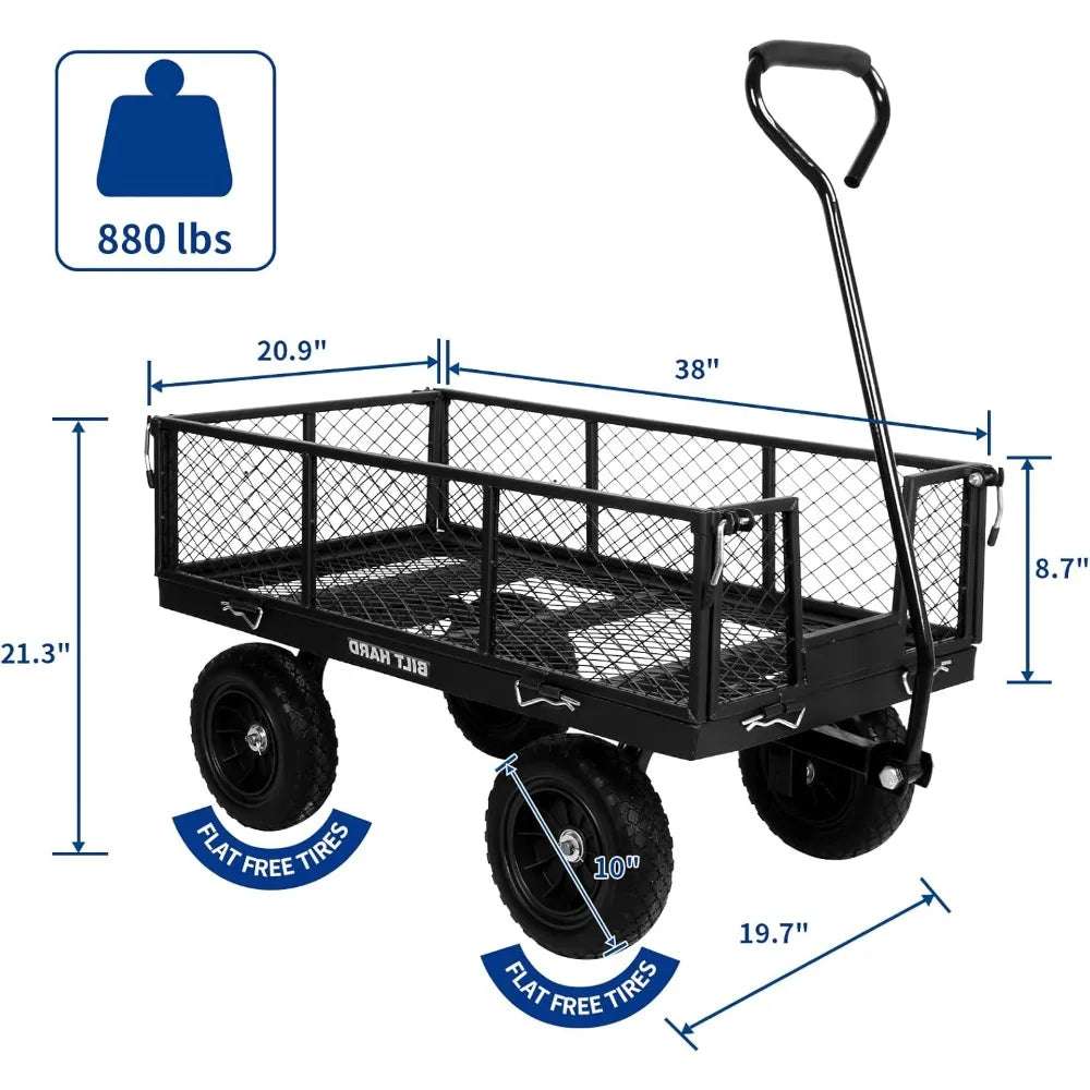 4 Cu.Ft Garden Cart Wagon - 880 lbs, 10" Flat-Free Tires, Removable Sides