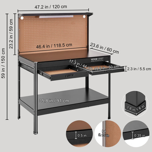 Heavy Duty Workbench with Pegboard and Power Panel